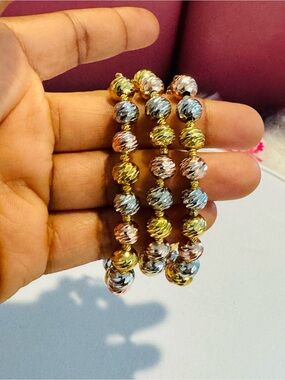 Tri-Tone Textured Bead Stretch Bracelet - Gold, Silver, Rose Gold